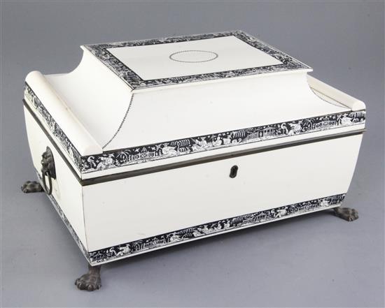 An unusual Vizagapatam ivory and lac-decorated chinoiserie sewing casket, 19th century, width 35cm, some restorations